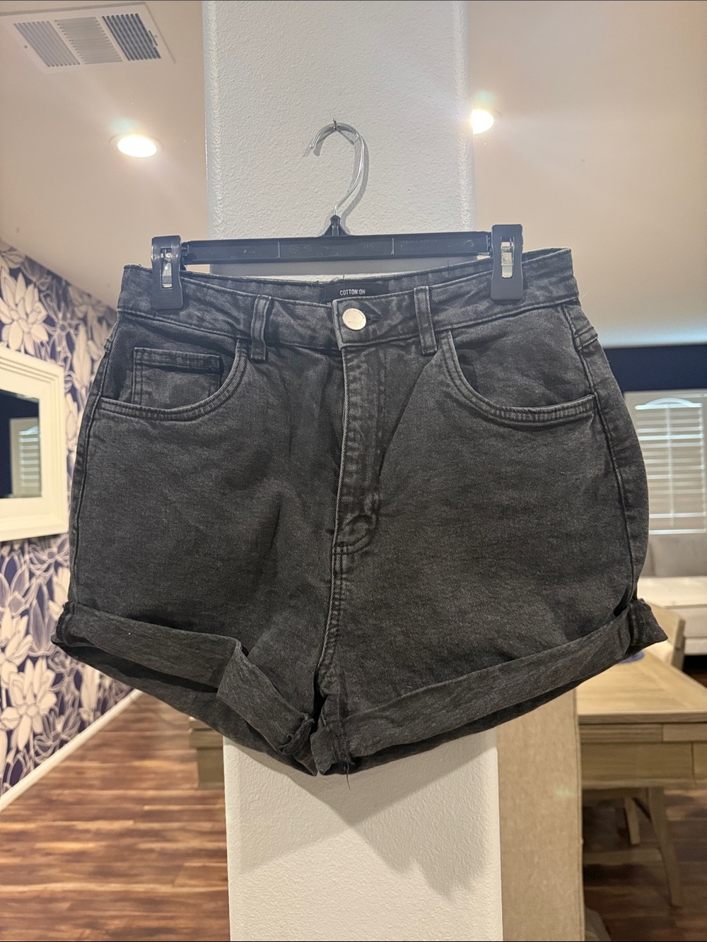 Cotton On High Rise Stretch Black Washed Roll-Cuff Denim Shorts